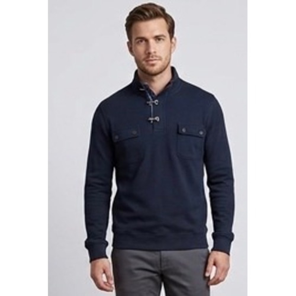 Mark Law Luxury Mens L Pullover Sweater Navy Mock Neck Toggle Closure Pocket